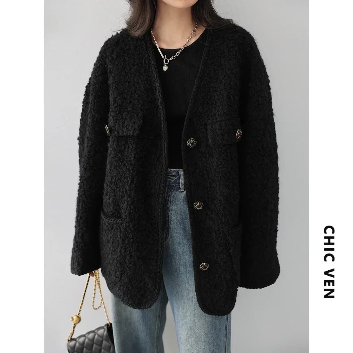 CHIC VEN-Manteau en laine vintage pour femme, veste en duvet, col en V, rapIndustry, automne, hiver,