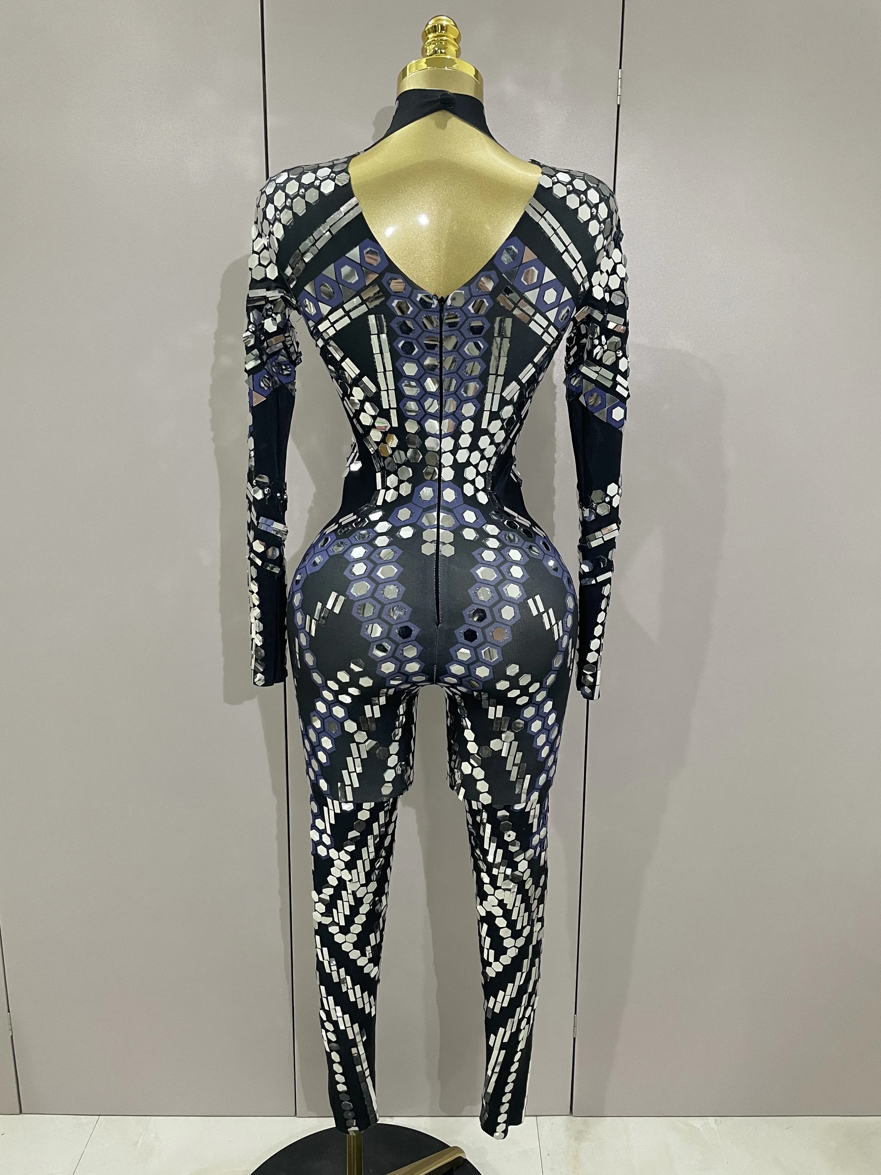 Combinaison Sexy en paillettes argentées brillantes, miroir noir, en Spandex, pour femmes, Costume d