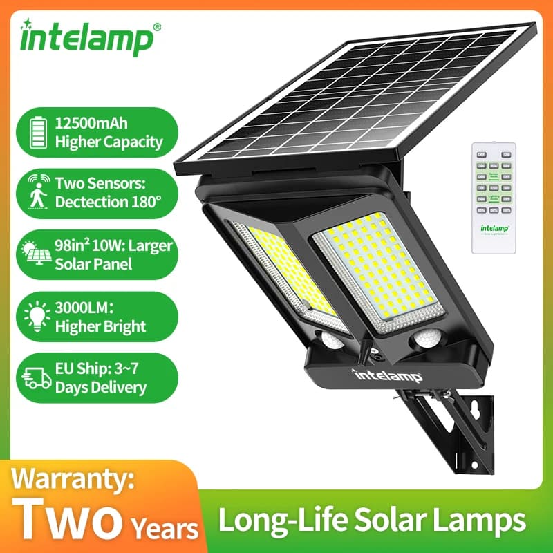 Lampe solaire extérieure Intelamp 12500 mAh 3000 LM avec deux capteurs, grand panneau solaire, éclai
