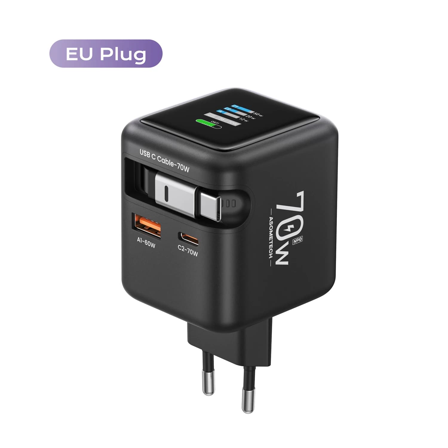Chargeur rapide GaN 70W avec câble rétractable type-c 3 en 1 PD3.0 QC4.0 PPS, charge rapide pour IPh