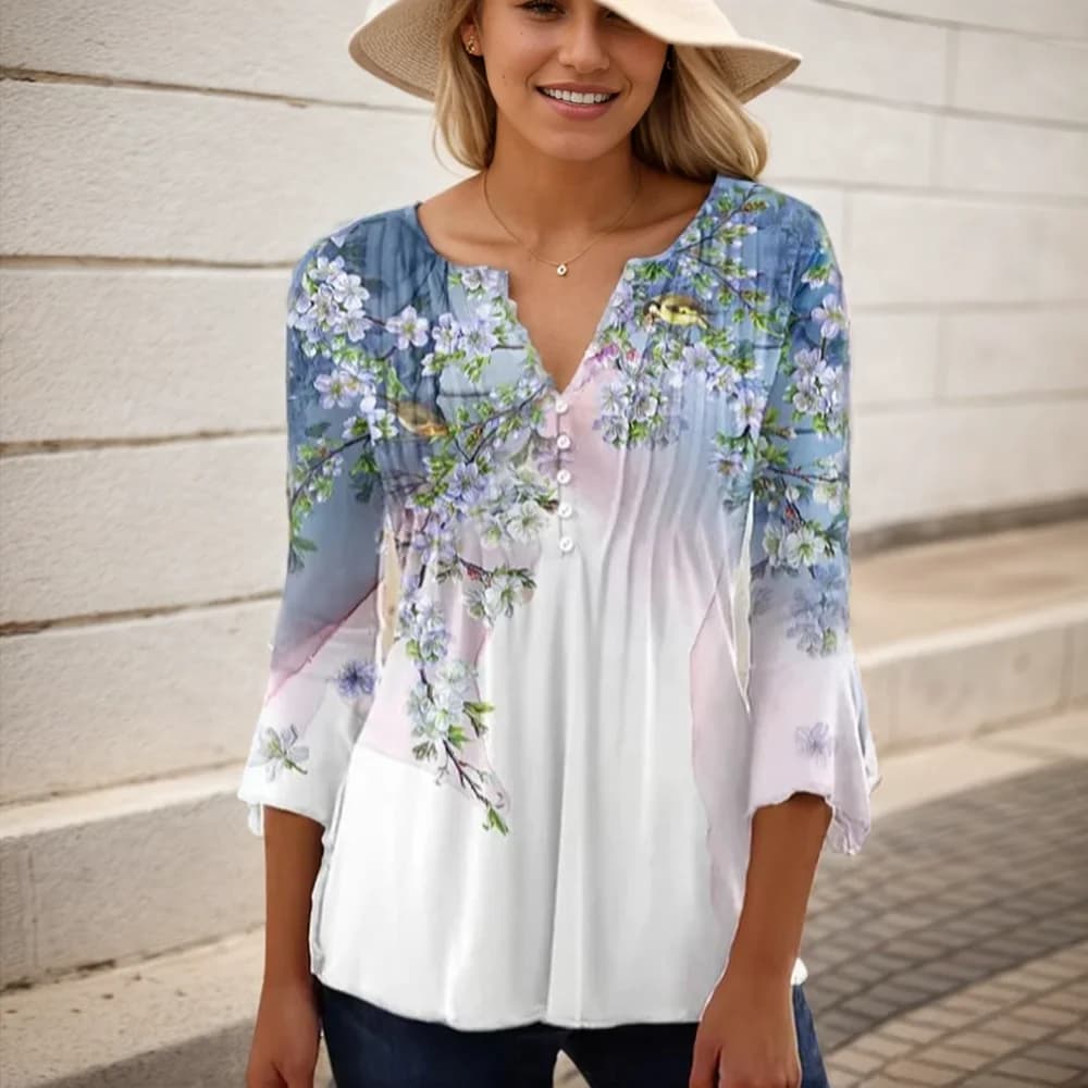 Chemisier à manches courtes et col en V pour femmes, chemise imprimée de fleurs 3D, pull boutonné, h