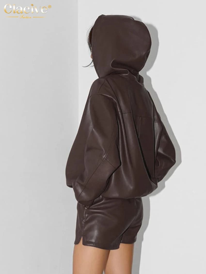 ClacMarkets-Ensemble 2 pièces en cuir PU marron pour femme, haut à capuche élégant, manches longues,