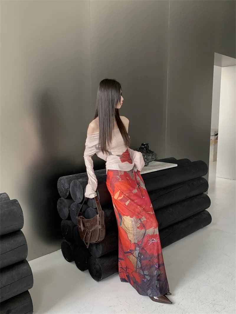 CHEERART Vintage rouge maille jupes longues pour femme à lacets Wrap Maxi jupe mode japonaise luxe c