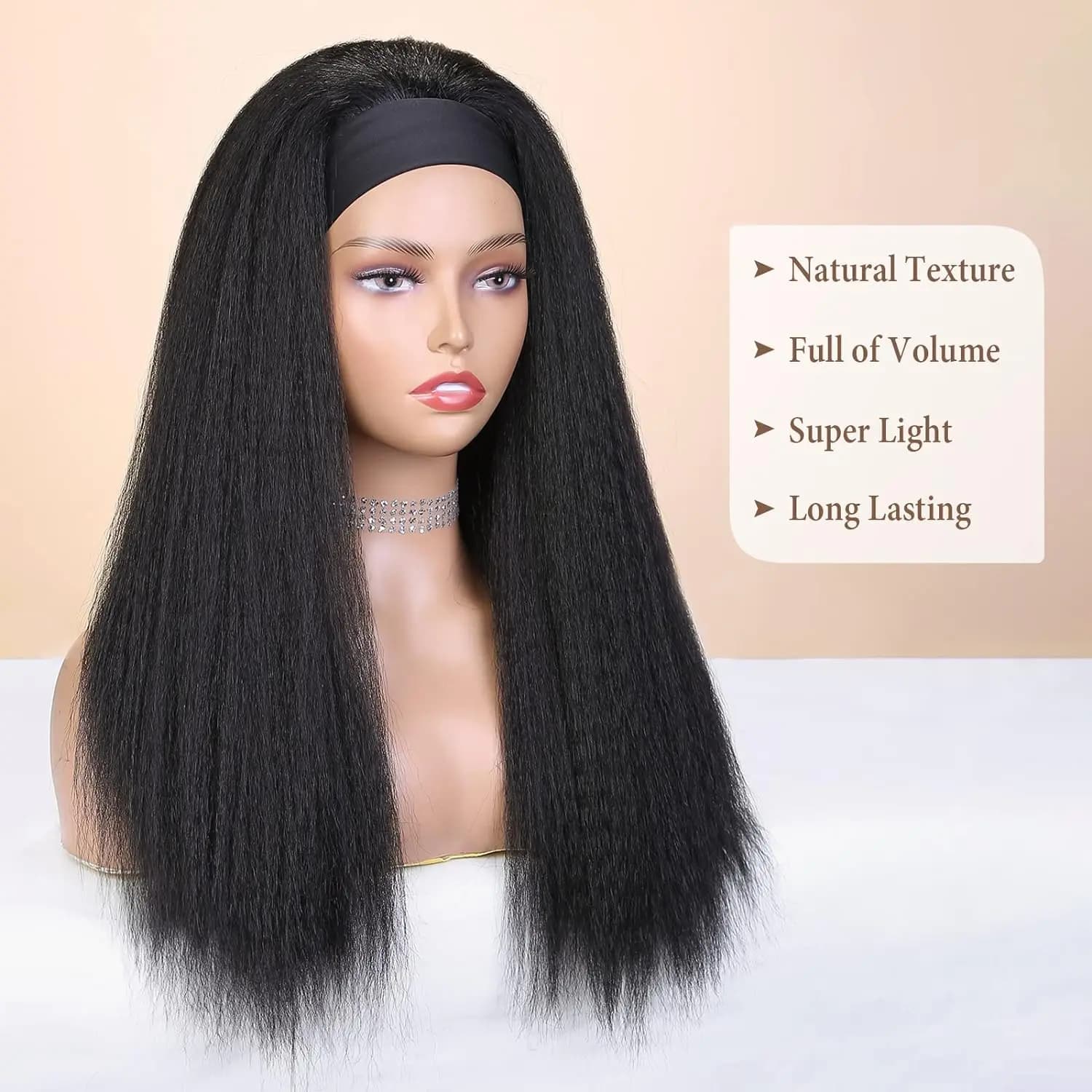 Perruque synthétique Yaki lisse et crépue pour femmes, perruque avec bandeau noir, facile à coiffer,