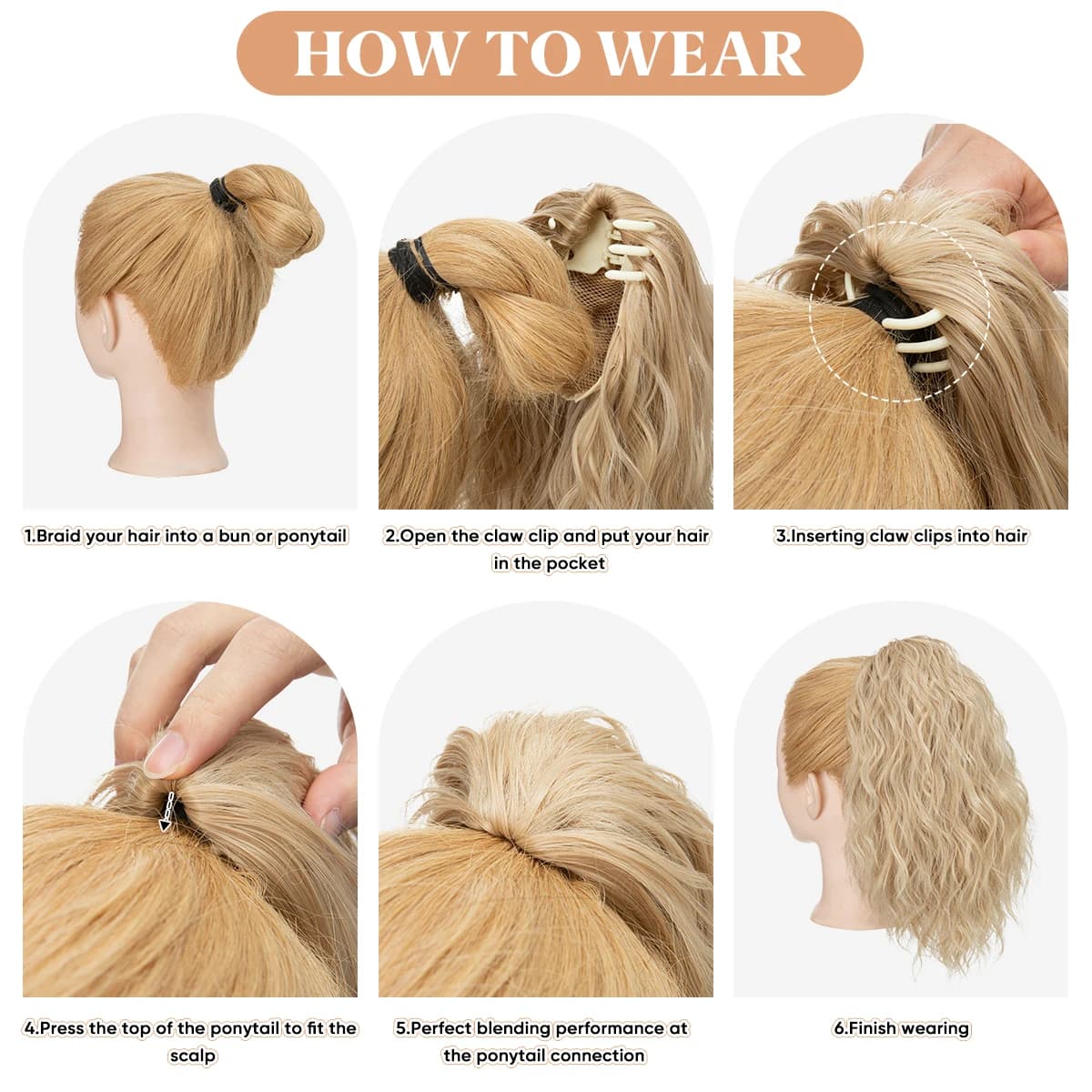 Pince à griffe bouclée synthétique en queue de cheval Blonde brun postiche courte 13 "faux cheveux f