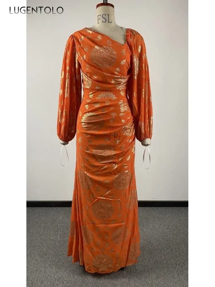 Robe sexy en mousseline de soie à paillettes pour femmes, manches longues, orange, mince, compromis,