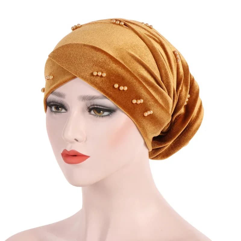 Bonnet d'hiver plissé en velours pour femmes, couvre-chef avec perles, turban, couvre-chef islamique