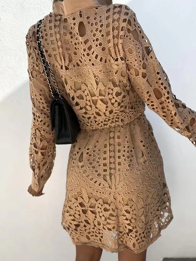 Mini robe vintage évidée pour femme, cardigan à col en V pour femme, manches longues, monochromatiqu