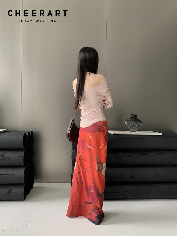 CHEERART Vintage rouge maille jupes longues pour femme à lacets Wrap Maxi jupe mode japonaise luxe c