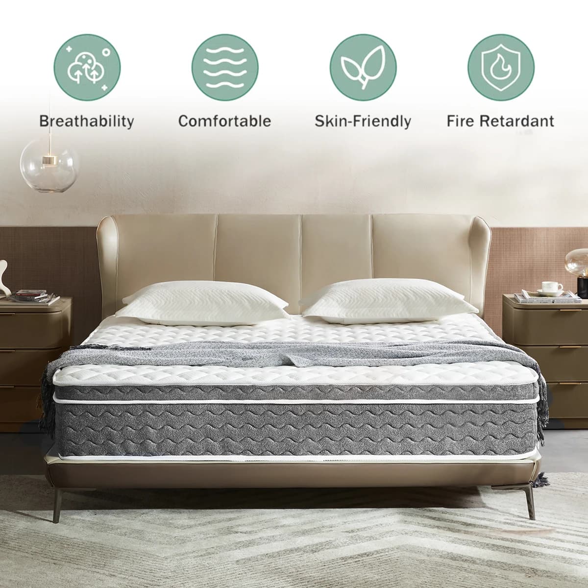 Matelas hybride Queen Size 10/12/14 pouces, sans fibre de verre, sensation moyenne, isolation du mou
