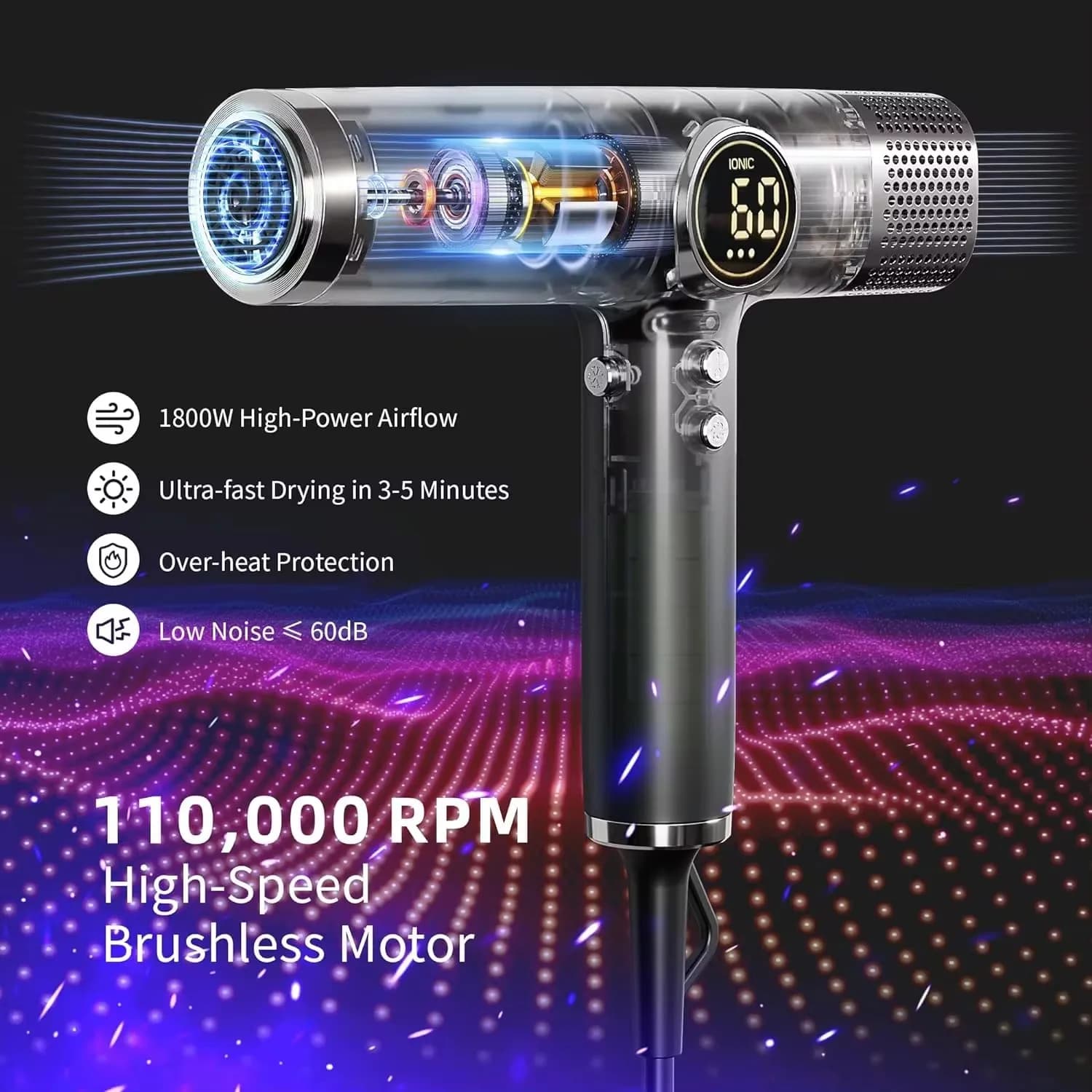 110000   Sèche-cheveux ionique négatif à moteur sans balais à grande vitesse, pour séchage rapide, s