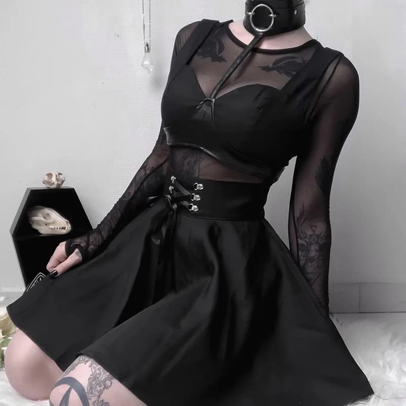 Jupe gothique noire pour femme, style japonais, hipster noir, bulle JK, lacets, fermeture éclair au 
