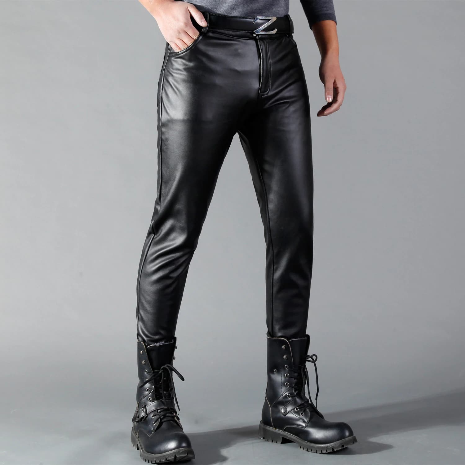 Pantalon en cuir pour hommes, coupe slim, élastique, mode, pantalon de motard en cuir PU, pantalon d