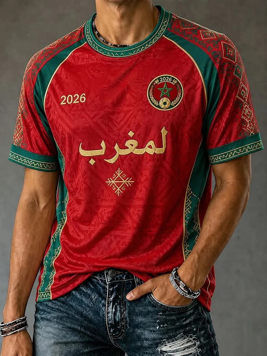 T-shirt de supporter de football du Maroc 2026 pour homme, rouge, imprimé lettres, manches courtes, 