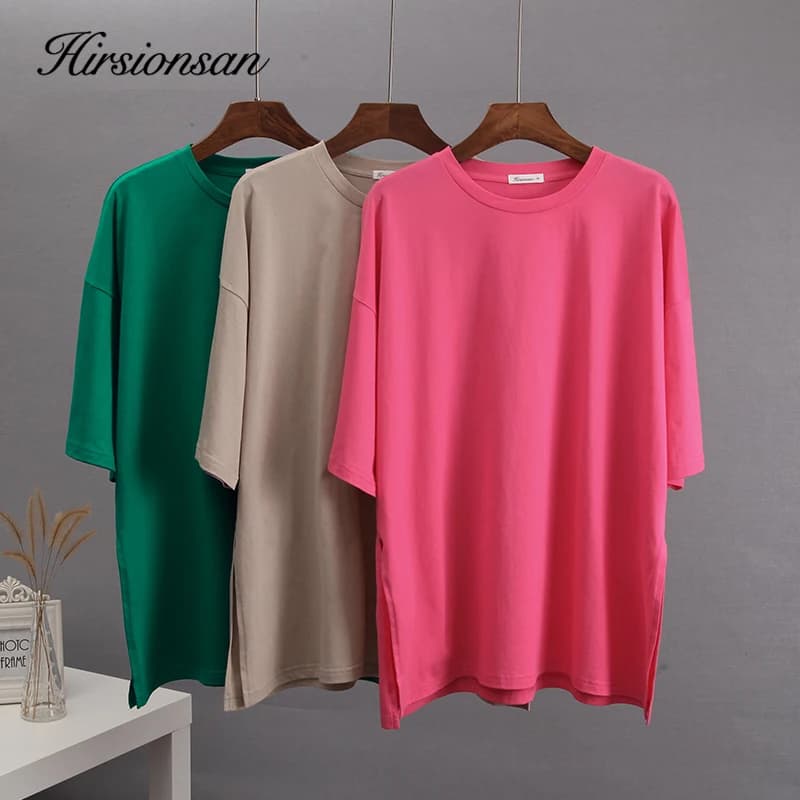 Hirsionsan été surdimensionné coton t-shirt femmes 2023 nouveau ample solide fendu t-shirts décontra
