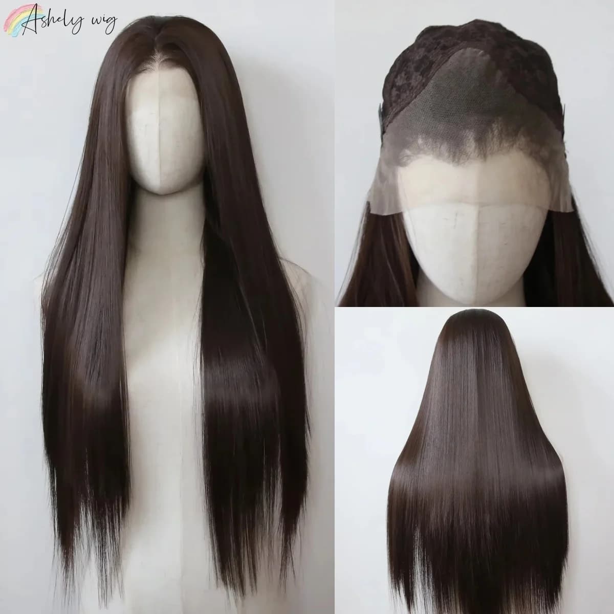 Ashely 13*4 brun foncé synthétique dentelle avant perruques marron longue droite dentelle avant perr