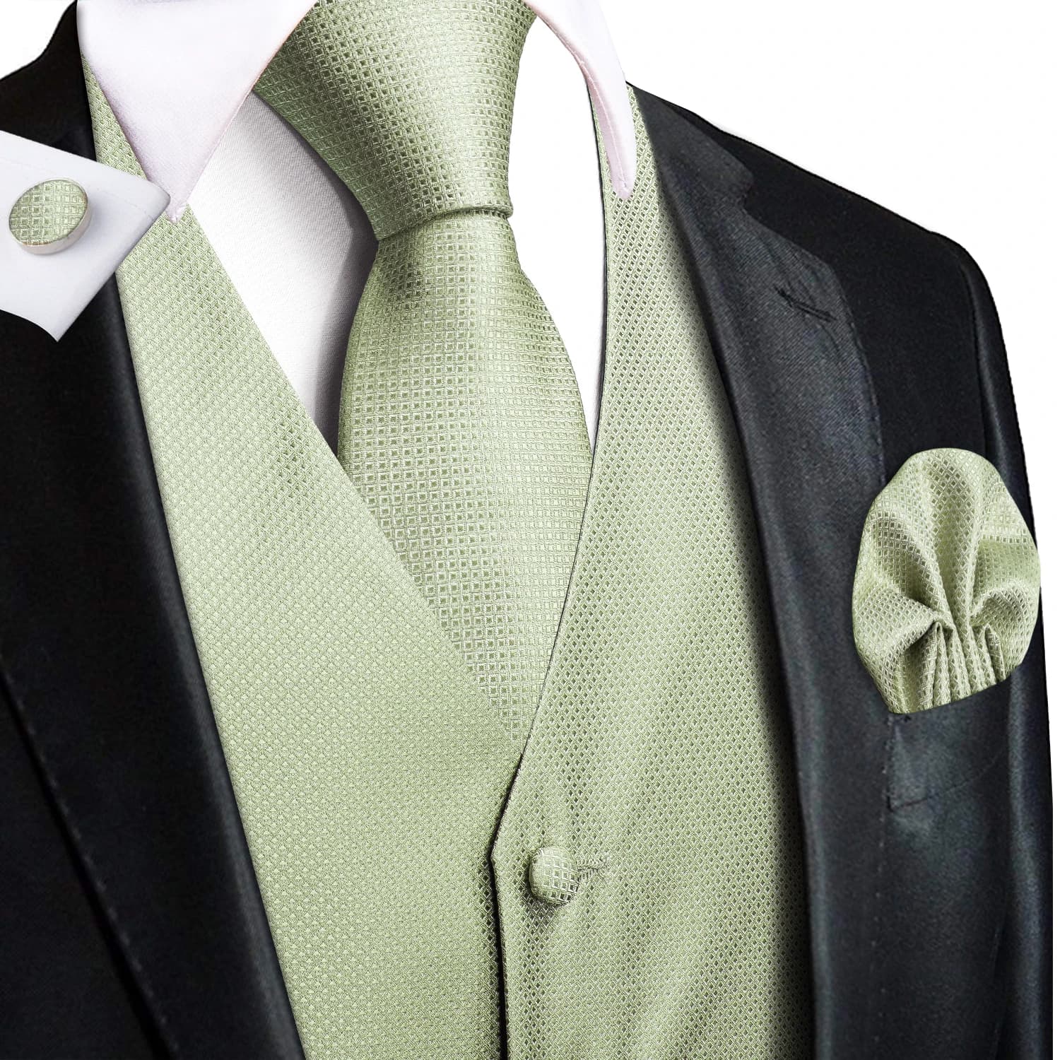 Gilet de costume homme vert sauge uni à motif floral, ensemble 4 pièces, avec gilet bleu tissé, crav