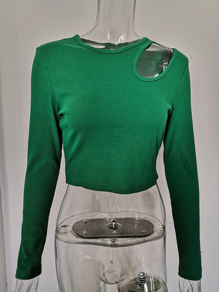 Automne hiver côtelé tricoté t-shirts femmes 2025 vert printemps découpé blanc basique à manches lon