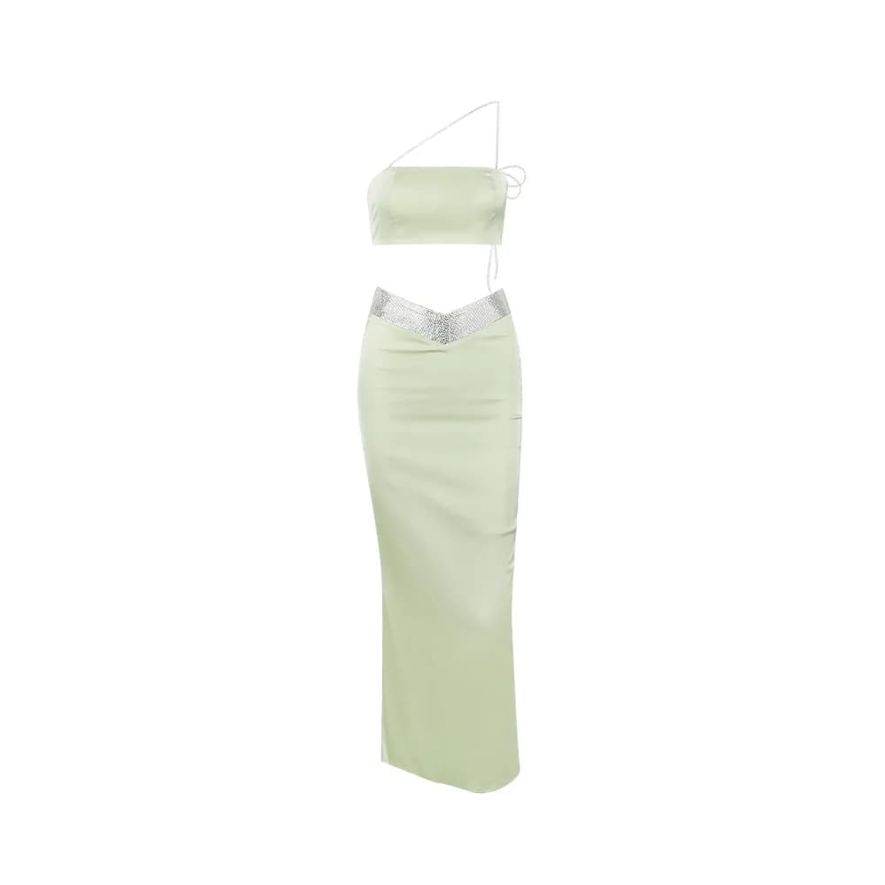Suninheart-Robe d'invité de mariage avec perles pour femmes, ensemble de 2 pièces, haut court, vert,