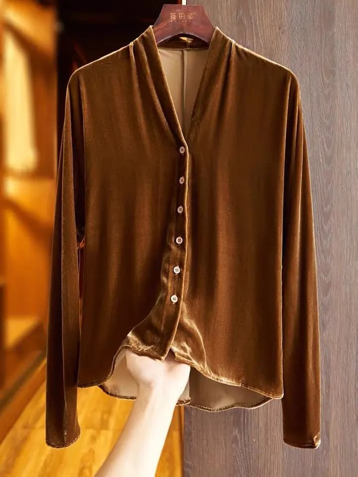 Cardigan à manches longues en velours doré pour femme, grande taille, col en v, boutons, Vintage, él