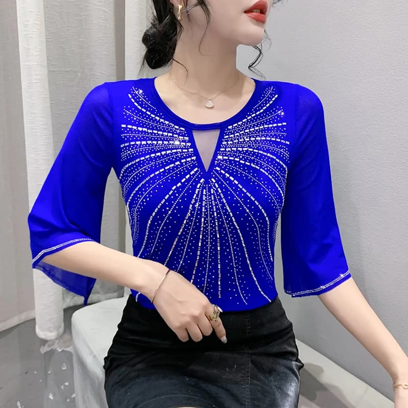 Été nouveauté demi manches évasées t-shirt femmes col rond diamants maille t-shirts hauts fille mode