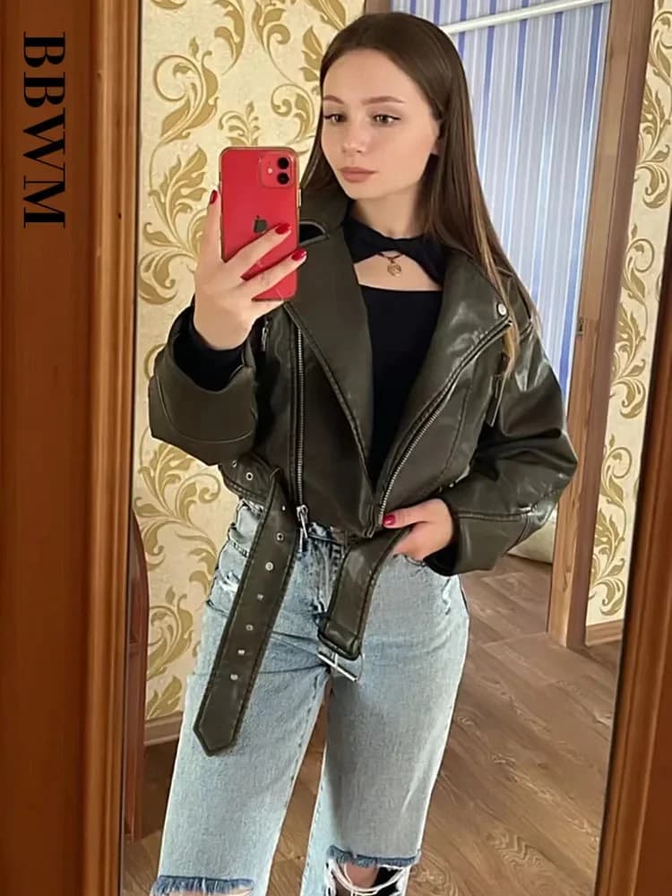 BBWM femmes surdimensionné Vintage ample Pu Faux cuir veste courte avec ceinture Streetwear femme fe