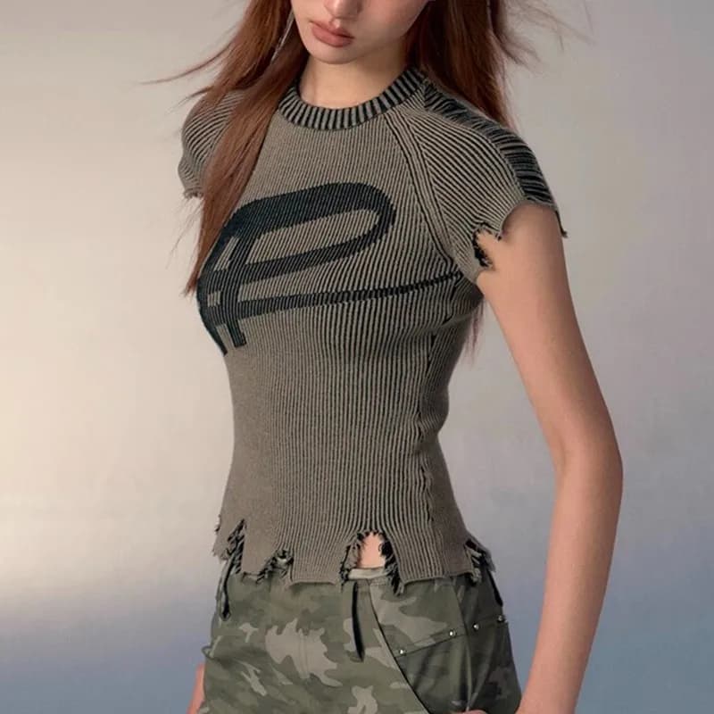 Karrcat-T-shirt Punk Broken Crop Top, Esthétique Grunge, Vintages, DistMurcia Top, Harajuku Slim dea