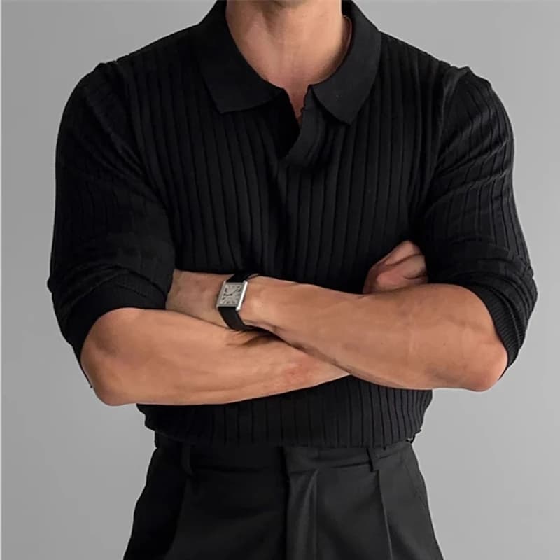 Polo de luxe en Jacquard tricoté pour hommes, col en v, couleur unie, manches longues, populaire cor