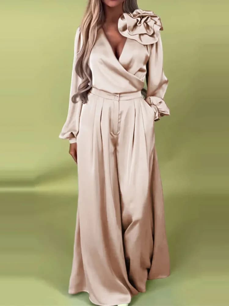 Ensemble deux pièces assorti pour femmes, décontracté, col en V, couleur unie, manches longues, jamb