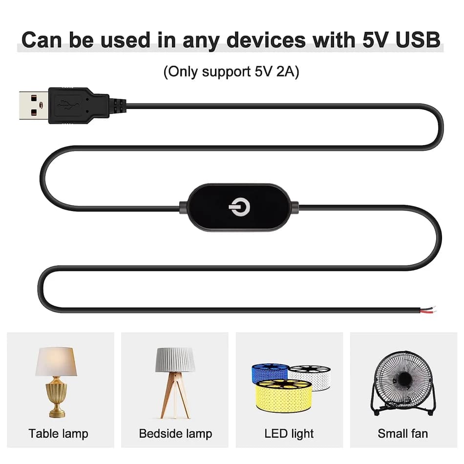 Câble de commutation de gradation tactile USB 2A 5V, 1.5M, USB 2.0A à 2 fils de sortie 5-100%, contr