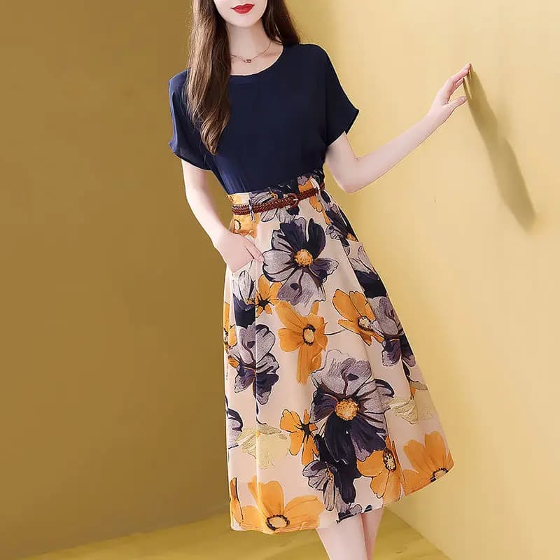 Ensemble 2 pièces élégant rétro pour femme, t-shirt et jupe florale trapèze, vêtements de bureau pou