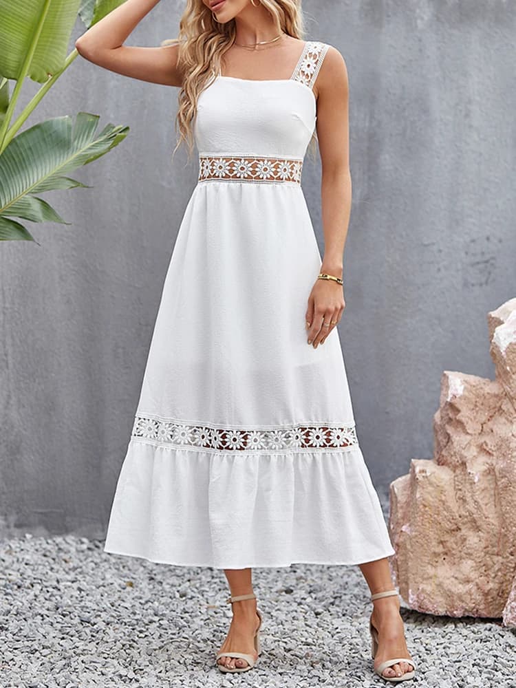 Robe Longue Blanche en Dentelle Ajourée pour Femme, Tenue Éducative, Sexy, Dos aux, Maxi, Élégante, 