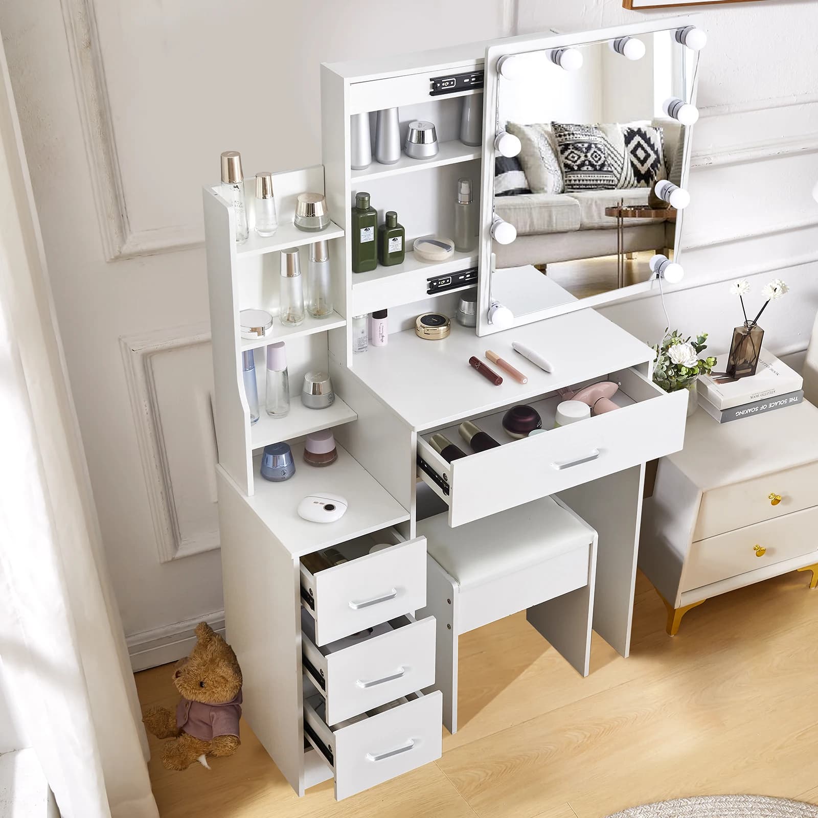 Table de coiffeuse LED avec miroir coulissant, bureau de maquillage blanc, tabouret à 4 tiroirs, coi