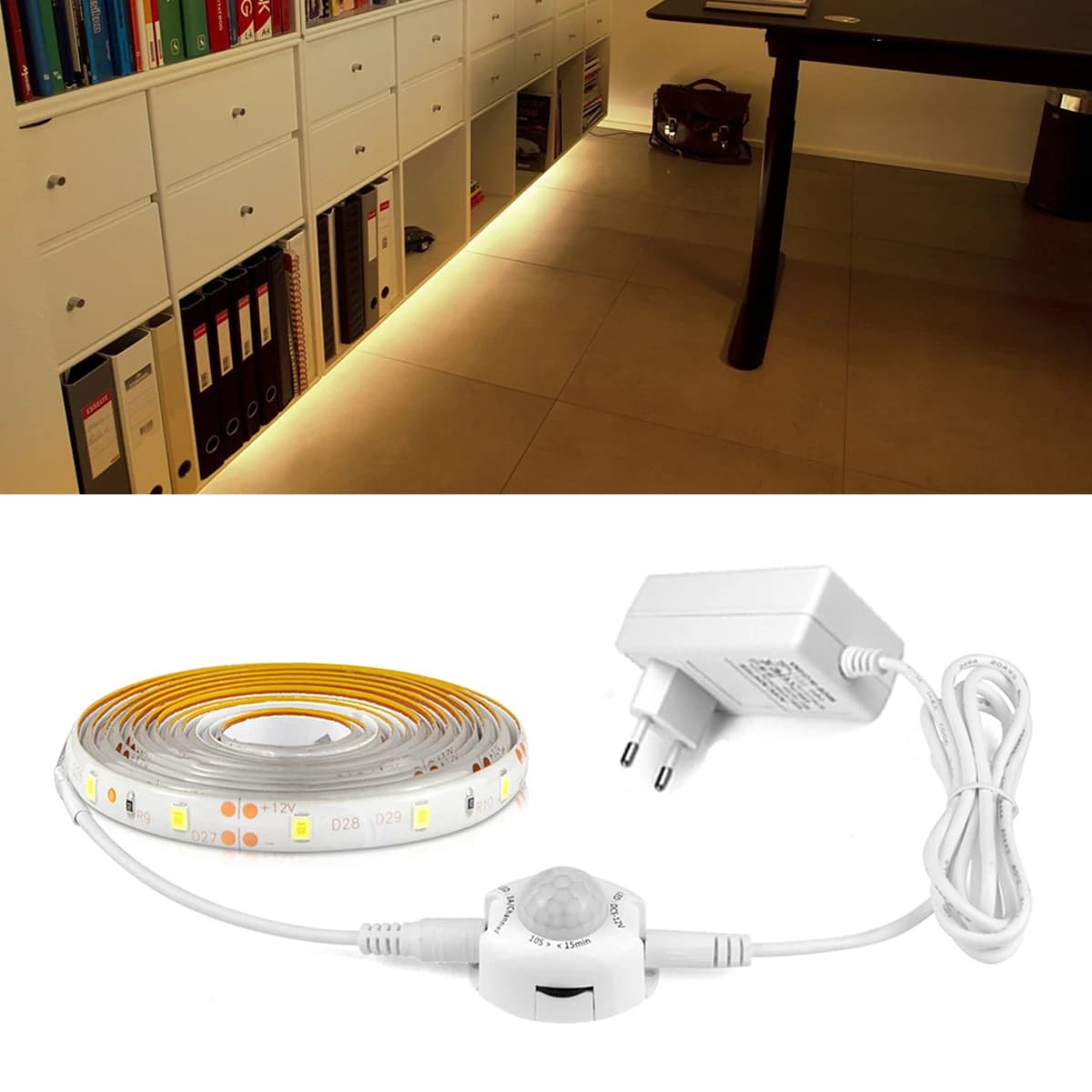 Placard lumineux LED 1M-5M avec capteur de mouvement PIR veilleuse 12V 2835 bande LED pour cuisine c