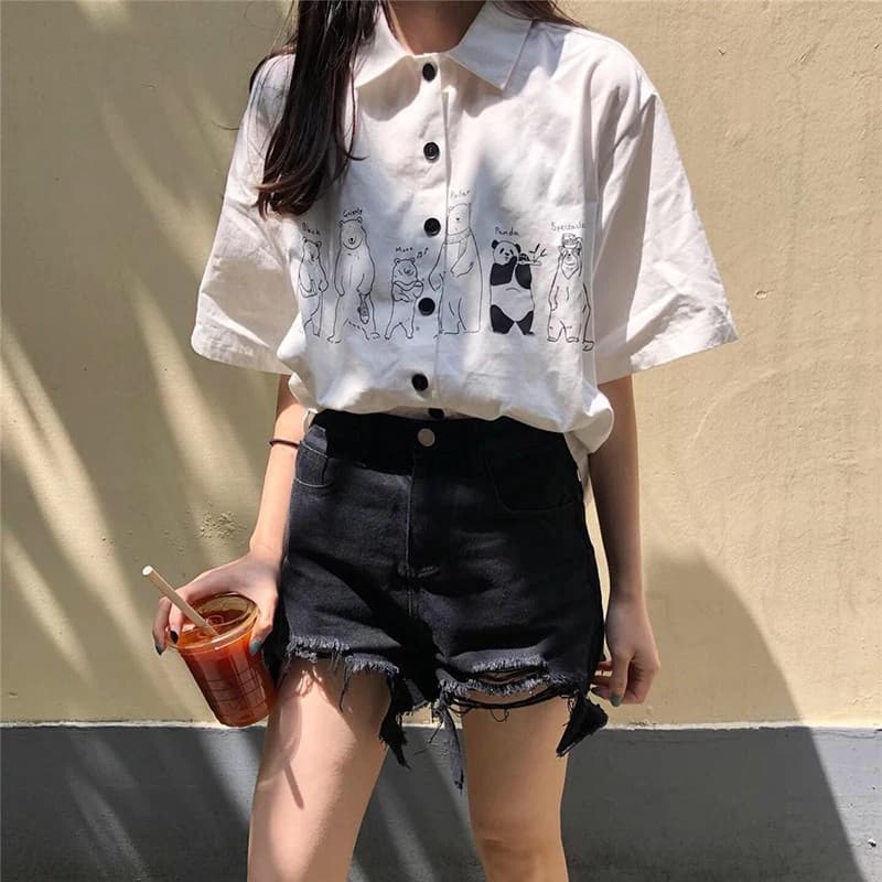 Chemise à Manches Courtes pour Femme, Streetwear, Imprimé de Dessin Animé, Mode Coréenne, Blanc, Été