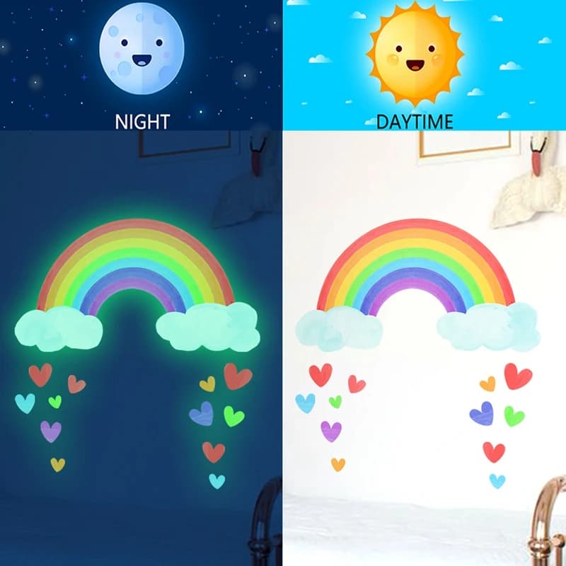Autocollants muraux lumineux arc-en-ciel, dessin animé, lueur dans le noir, nuage, cœur, autocollant
