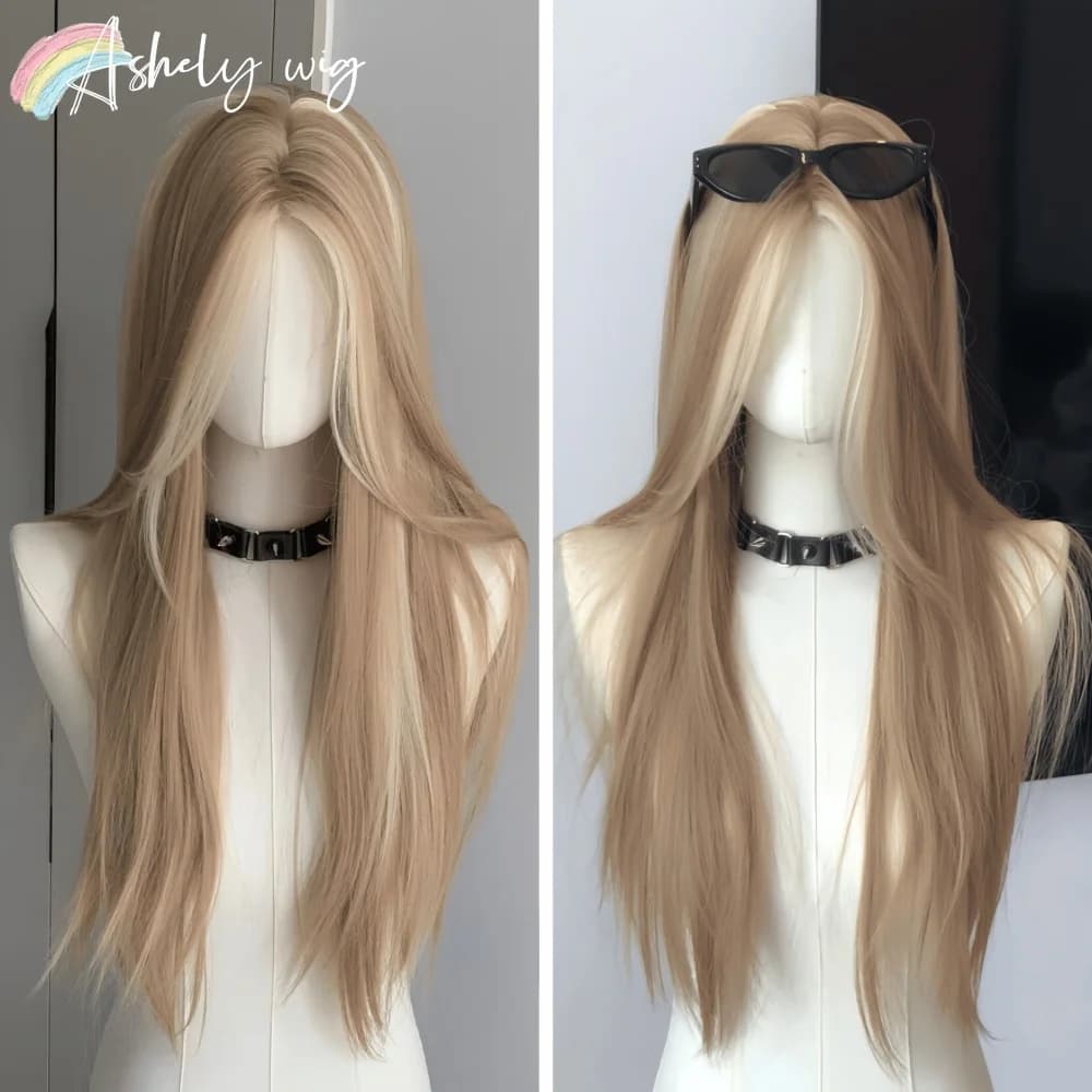 Perruque Blonde pour femmes longue ligne droite Blonde marron perruque asiatique américaine dentelle
