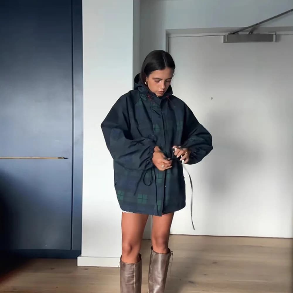 Veste rétro à carreaux pour femme, col montant, cordon de serrage à la taille, coupe-vent court à ca