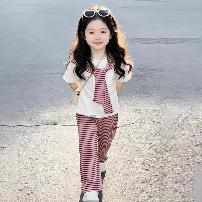 Ensembles d'été pour filles, costume à manches courtes pour enfants, T-shirt à rayures + pantalon à 
