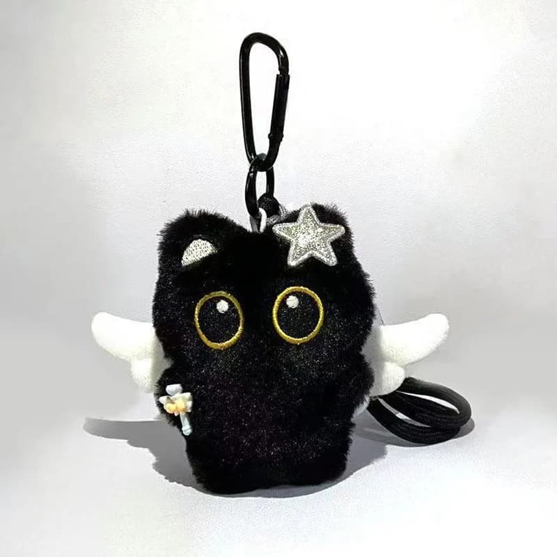 Porte-clés en peluche chat noir mignon, chaton de dessin animé, pendentif de poupée en peluche douce