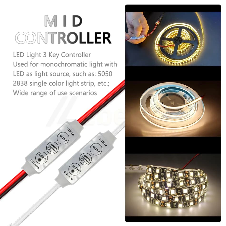 Mini contrôleur LED DC 12V 24V 6A, 3 touches, variateur de couleur unique pour bande lumineuse 3528 