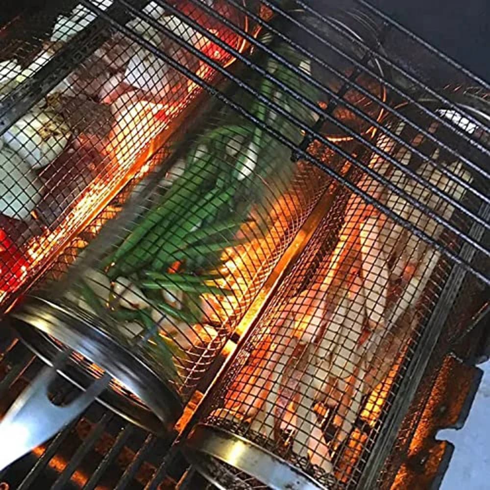 Panier de barbecue roulant-le plus grand panier à griller jamais, maille de gril ronde en acier inox