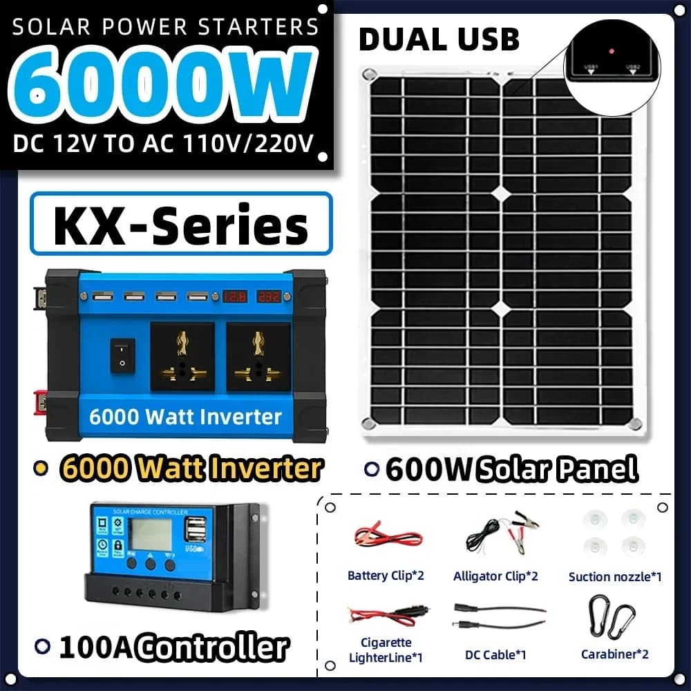 Kit de système solaire combiné 6000W, onduleur 30A, contrôleur 300W, panneau solaire 12V à 220V/110V