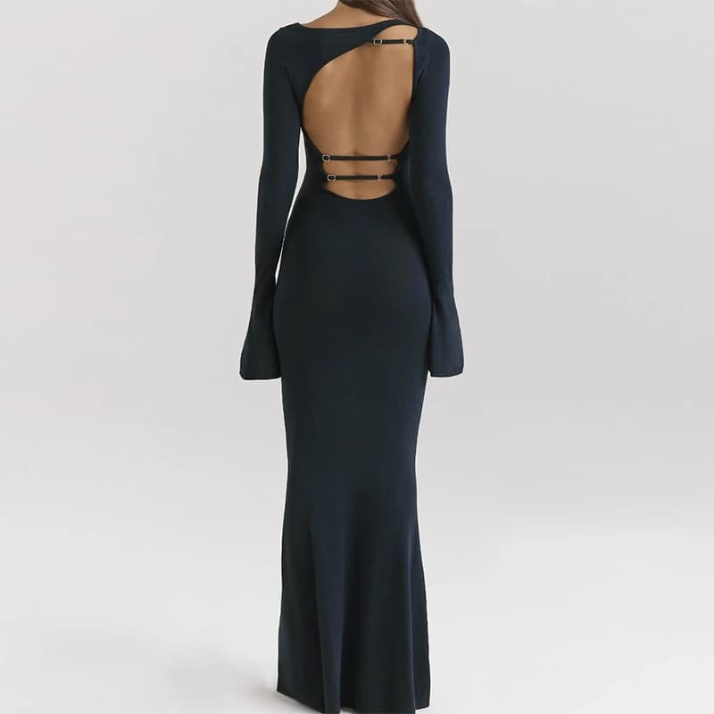 Robe longue en maille bleu nuit dos nu pour femme, élégante, à manches évasées, moulante, coupe sirè