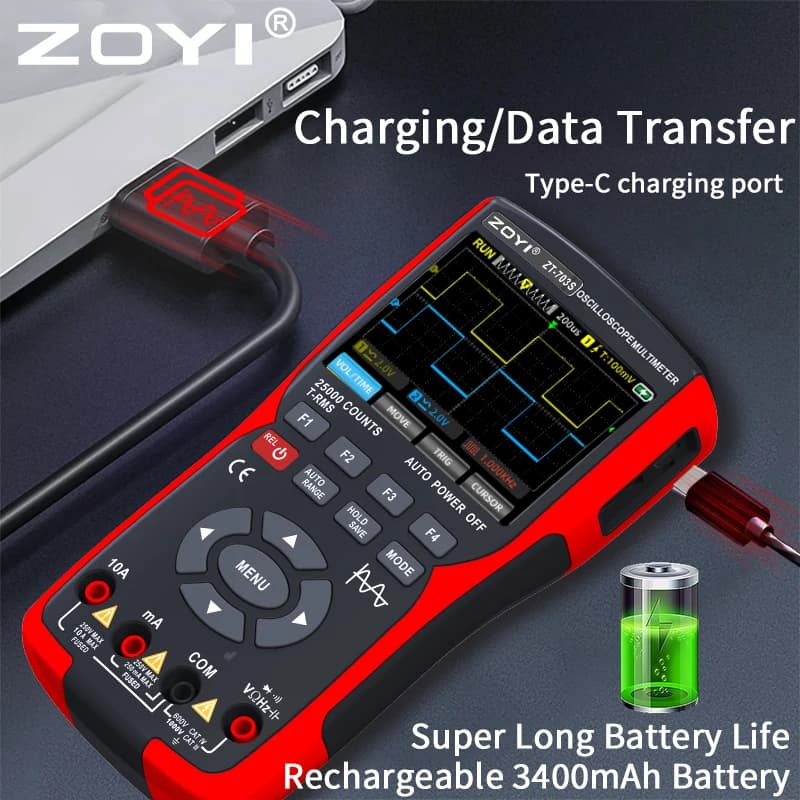 ZOYI ZT-703S multimètre oscilloscope 3 en 1 avec écran IPS de 3,5 pouces, 25000 points, bande passan
