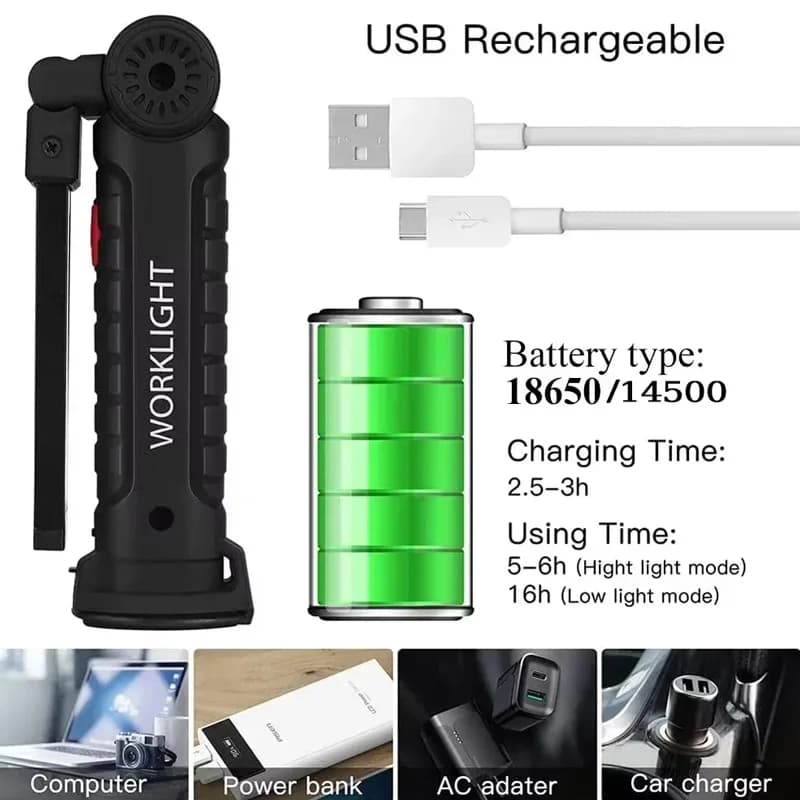 Lampe de travail LED COB à intensité variable, Rechargeable par USB, lampe d'inspection avec aimant 