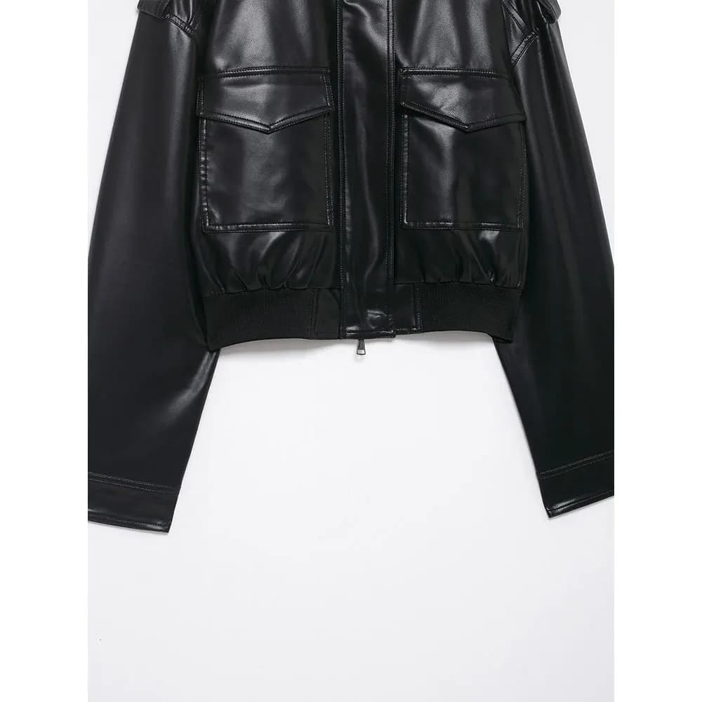 DUOPERI femmes mode avec poches PU noir vestes haute rue col haut manches longues manteaux femme élé