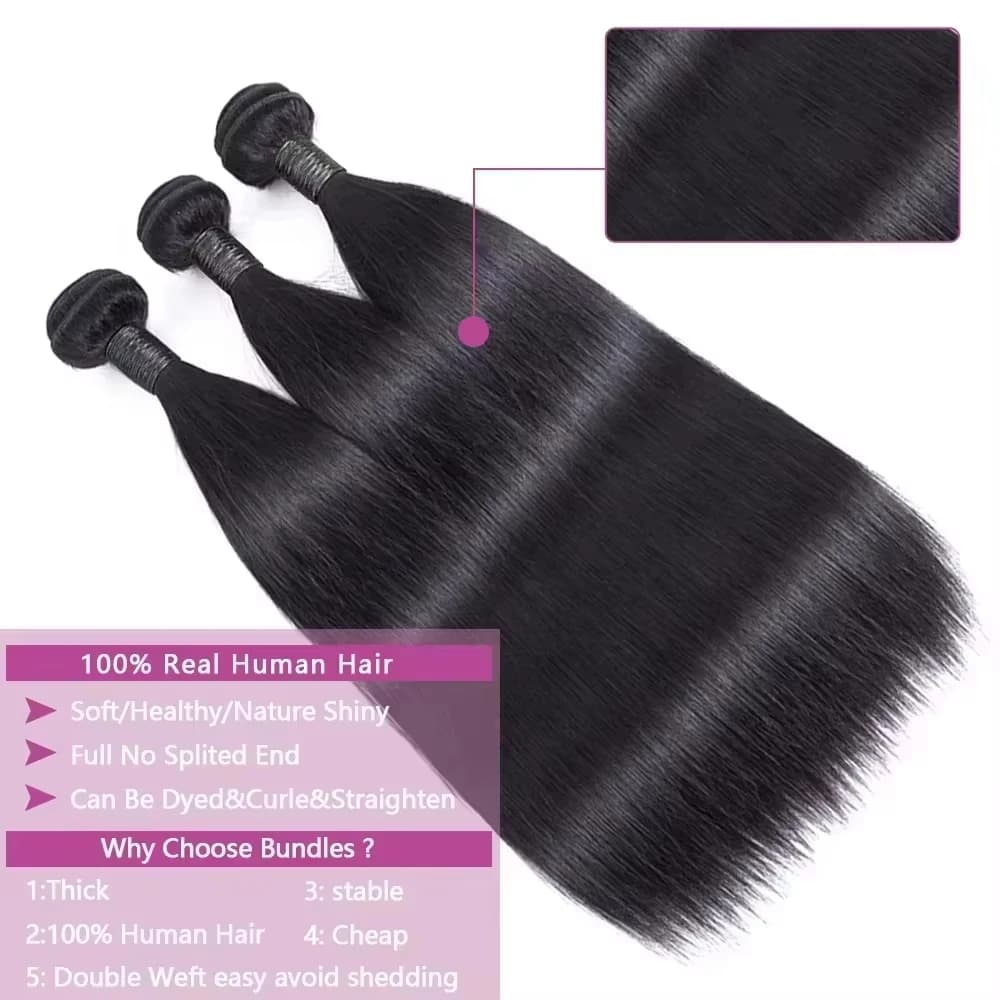 Extensions de Cheveux Humains Lisses Naturels 30-40 Pouces, Grade 16A, Couleur Naturelle Brésilienne