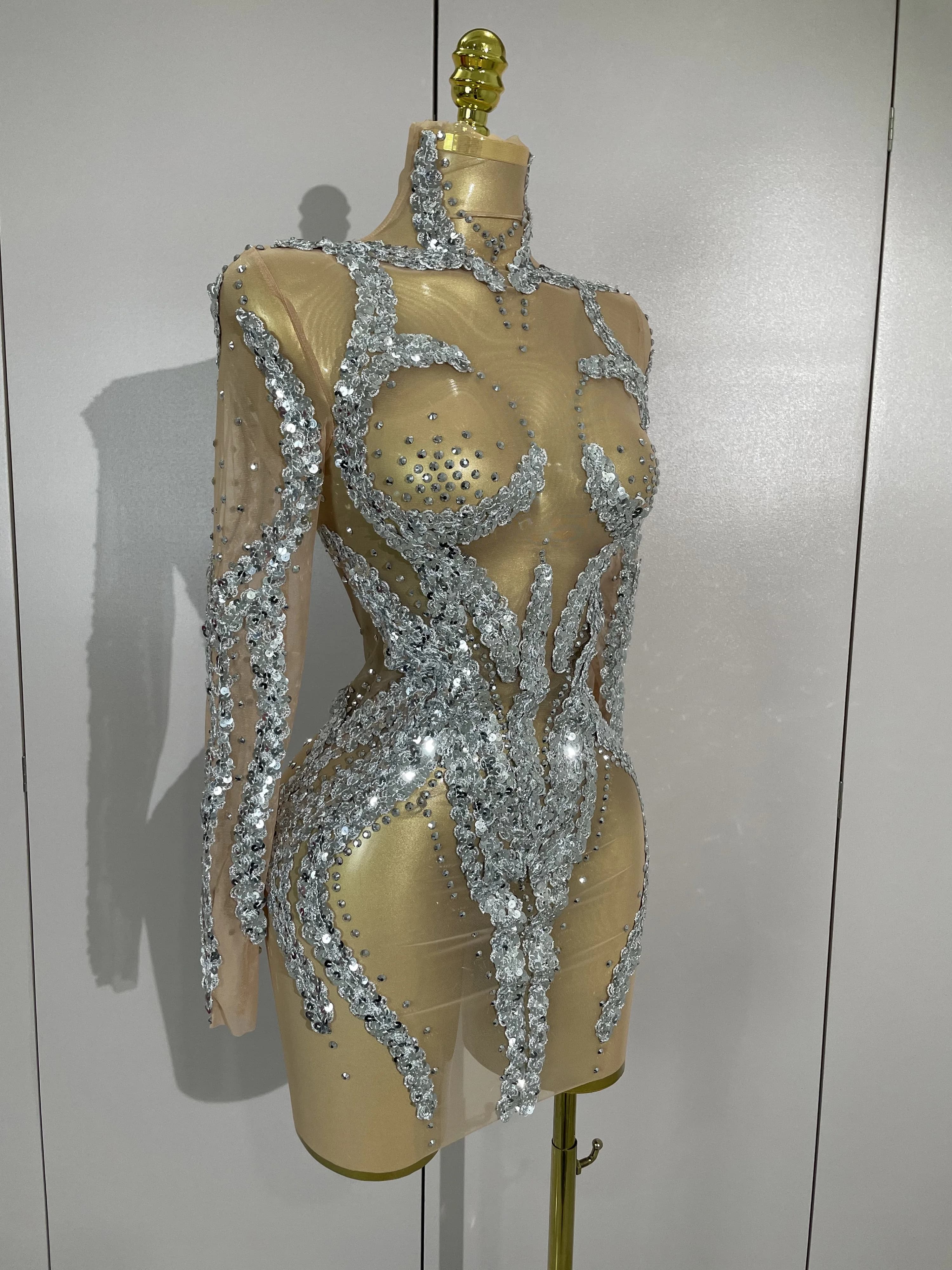 STOCK strass scintillants Sexy maille transparente Mini robe réveillon fête d'anniversaire danse dis
