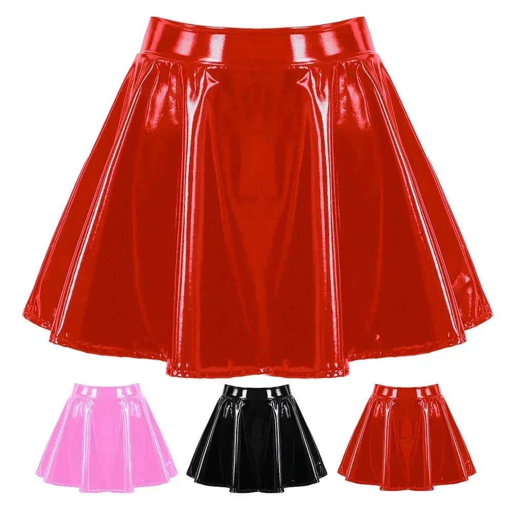 Mini-jupe évasée en cuir verni brillant pour femmes, jupe trapèze de danse, Clubwear, Costume de Cos